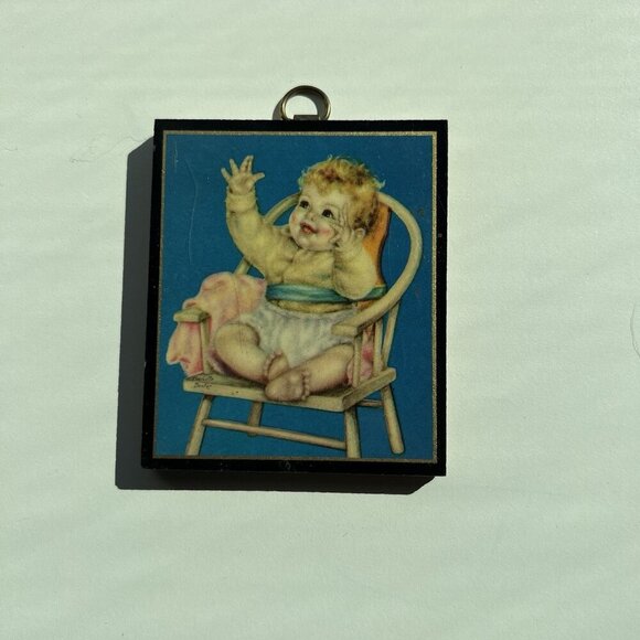Wood Plaque Wall Decor, Charlotte Becker, Baby In Chair, 3.25"x2.75" Vintage - Picture 1 of 12